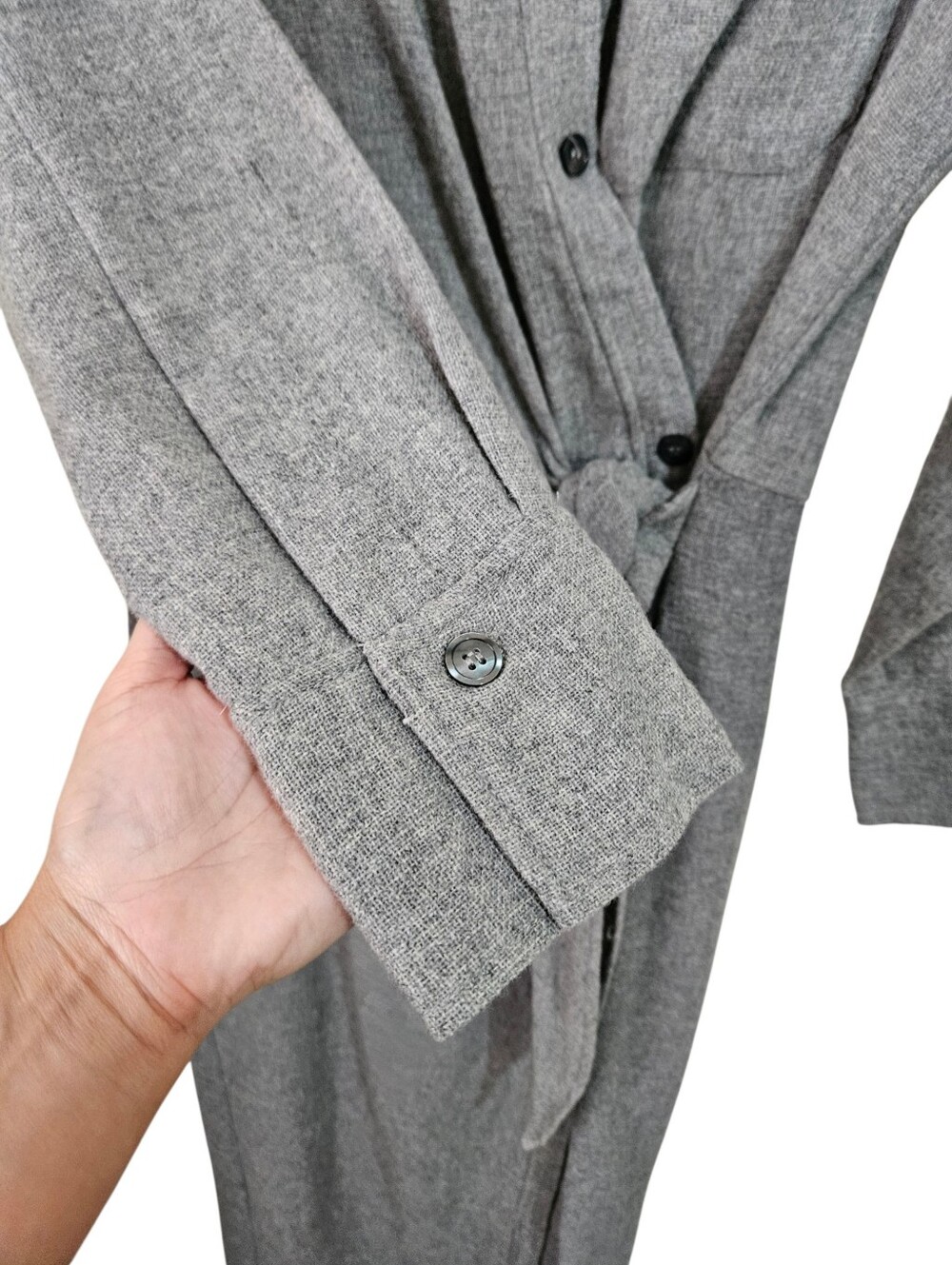 ZARA Wool Blend Heathered Grey Midi Wrap Shirt Dress M Dark Academia Office - Picture 6 of 12